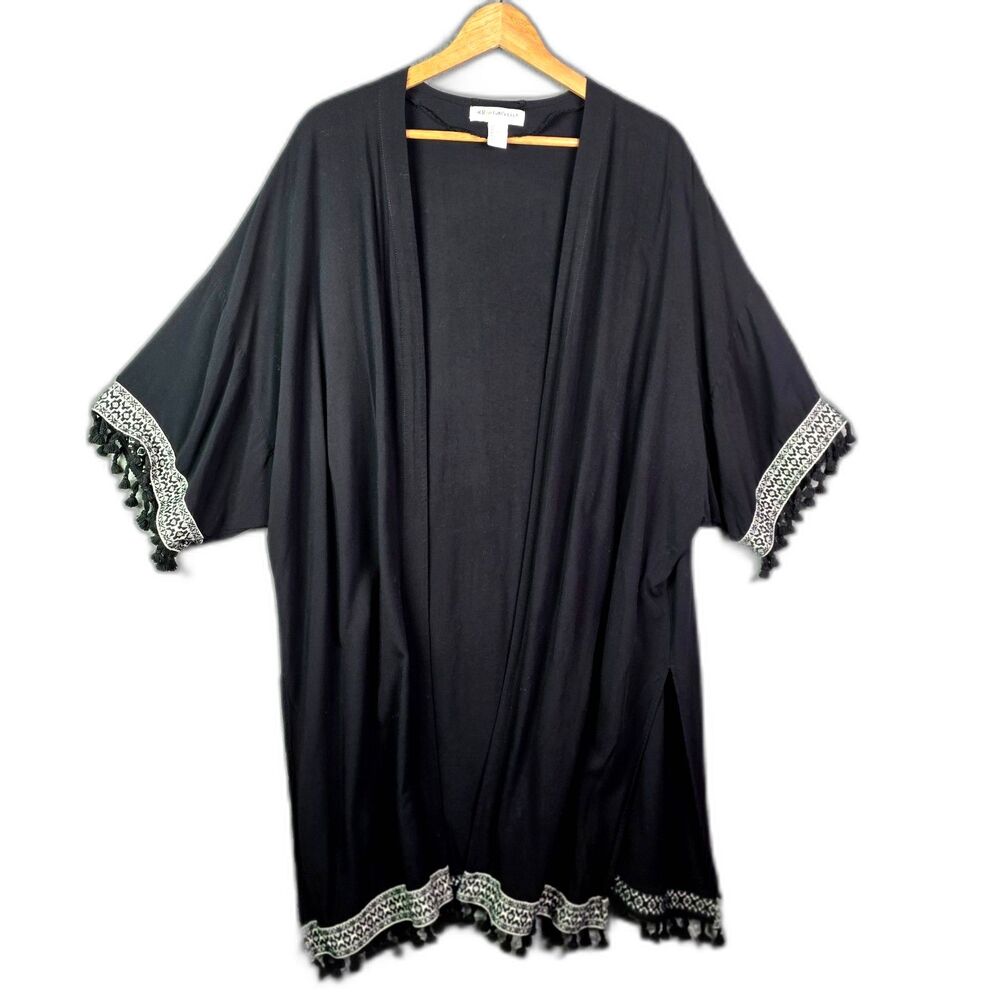 H&M Coachella Open Front Black Tassel Trim Festival Cover Up L Boho